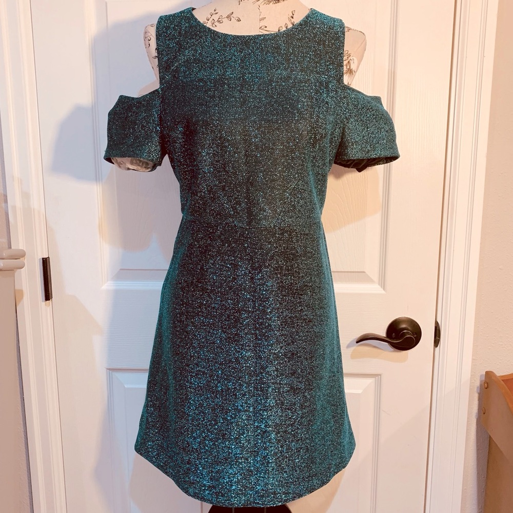 TopShop, blue metallic, shoulder cut-out, cross-cross back dress